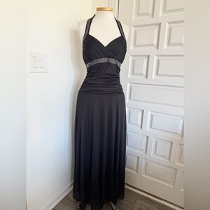 Trisesci Black Gown Long Formal Dress Halter Style Silver Beaded Medium Juniors